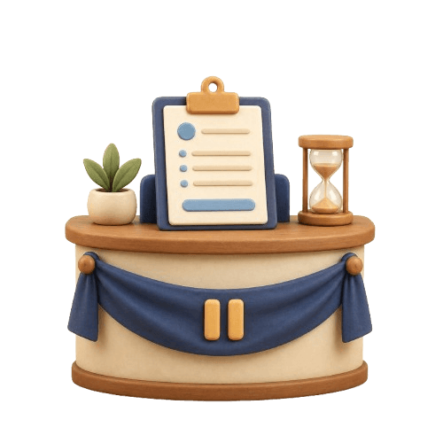 Registration desk with an hourglass